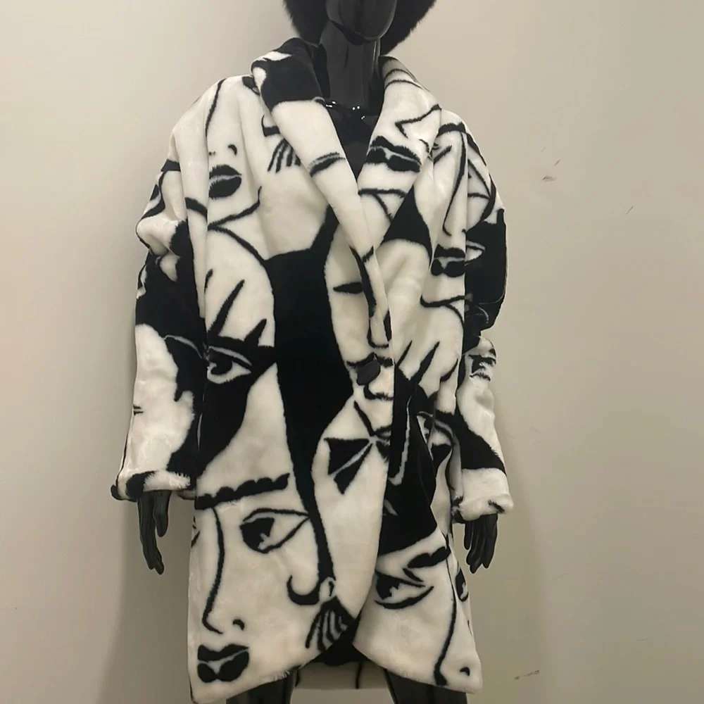80s DONNYBROOK USA製 face柄 fakefur coat L 1980s Donnybrook Graphic Black & White Face Print Faux Fur Coat